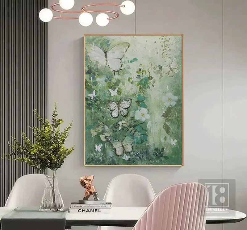 Large Butterfly Landscape Painting | Modern Abstract Canvas Art | Green Oil Painting