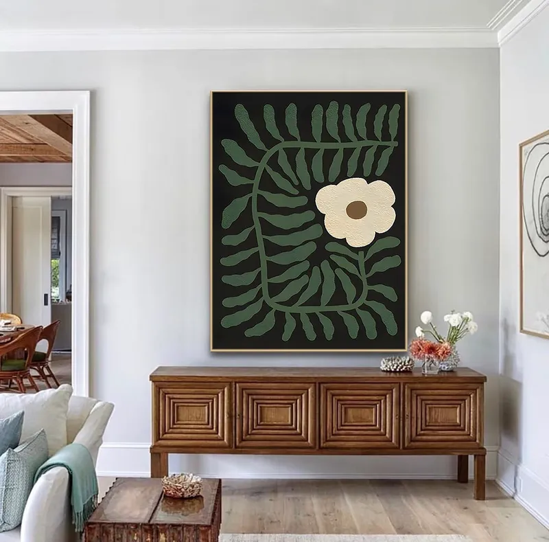 Large Green Minimalist Wall Art | Green & White Textured Canvas | Abstract Flower Painting