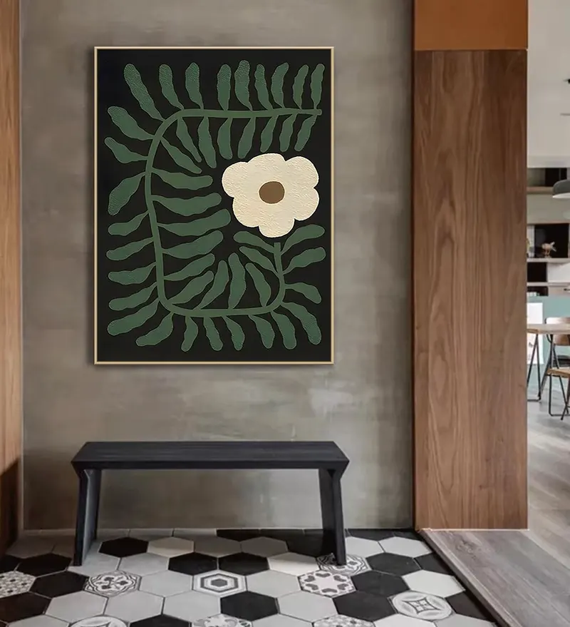 Large Green Minimalist Wall Art | Green & White Textured Canvas | Abstract Flower Painting