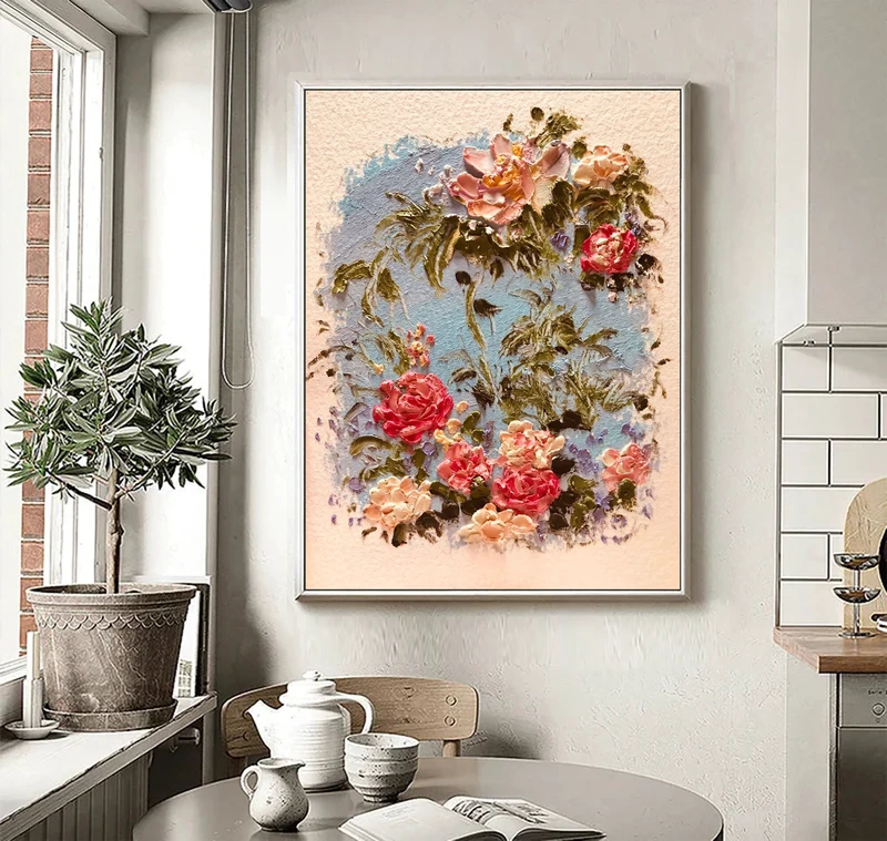 Original Pink Flower Painting | 3D Textured Canvas Art | Flower Bouquet Wall Decor