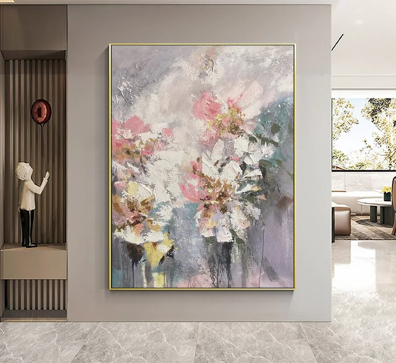 Wabi Sabi Wall Art | Abstract Flower Painting on Canvas | Pink & White Textured Art