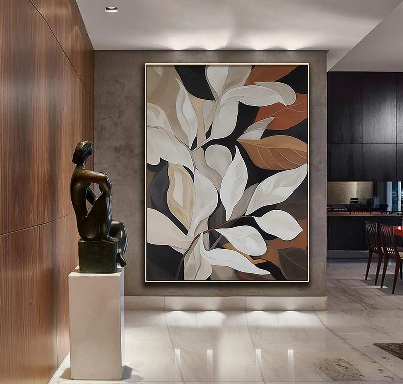 Original Leaves Oil Painting | Wabi Sabi Textured Wall Art | Abstract White Plants Canvas