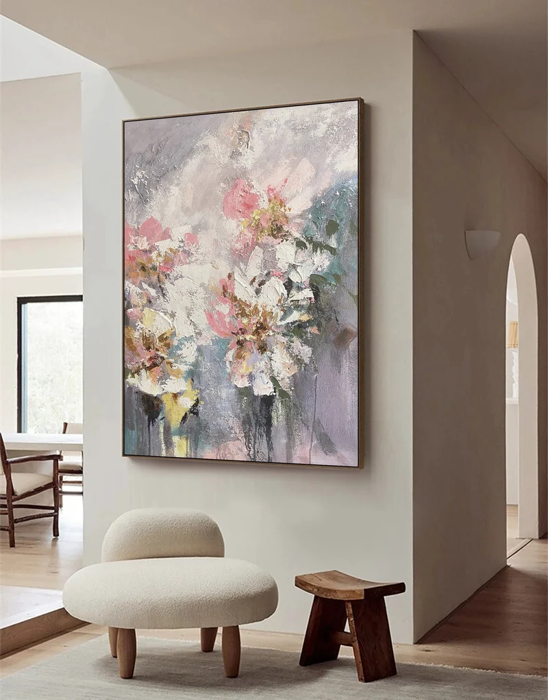 Wabi Sabi Wall Art | Abstract Flower Painting on Canvas | Pink & White Textured Art