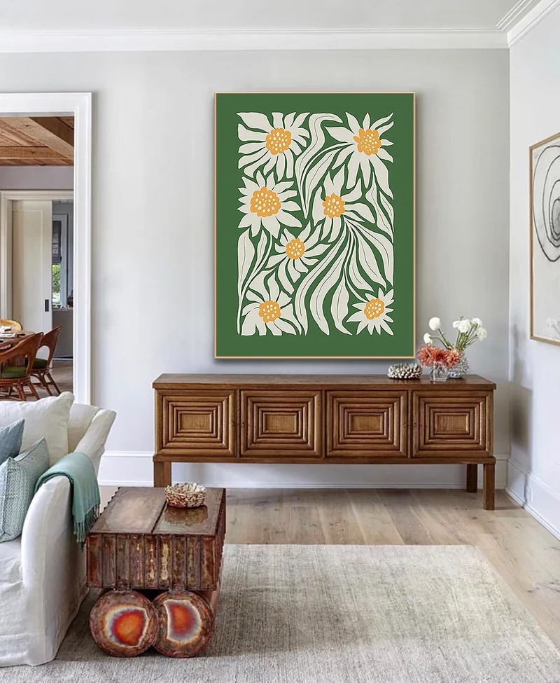 Abstract Flower Oil Painting | Wabi Sabi Wall Art | Green & White Plant Landscape Canvas