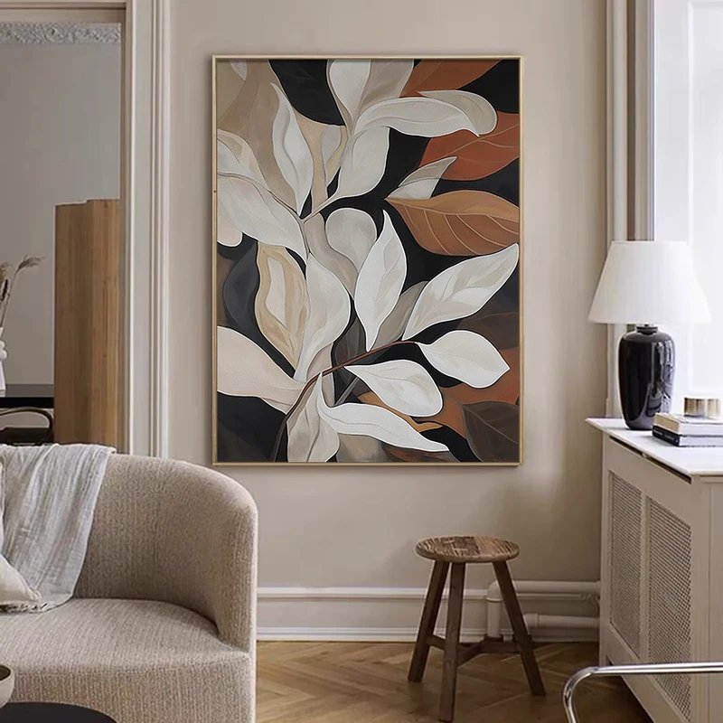 Original Leaves Oil Painting | Wabi Sabi Textured Wall Art | Abstract White Plants Canvas