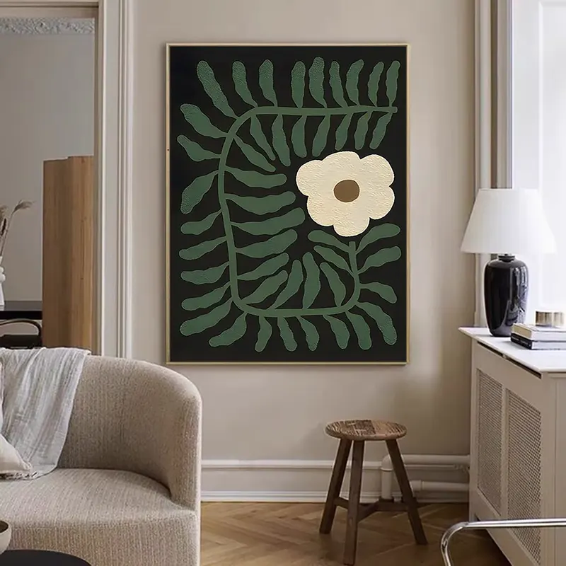 Large Green Minimalist Wall Art | Green & White Textured Canvas | Abstract Flower Painting