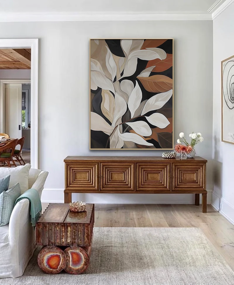 Original Leaves Oil Painting | Wabi Sabi Textured Wall Art | Abstract White Plants Canvas