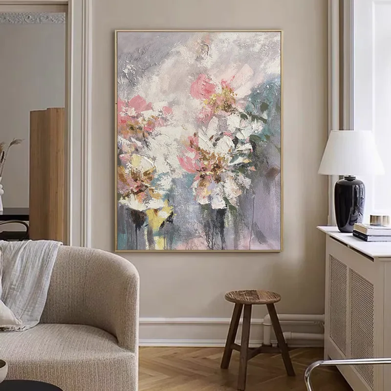 Wabi Sabi Wall Art | Abstract Flower Painting on Canvas | Pink & White Textured Art