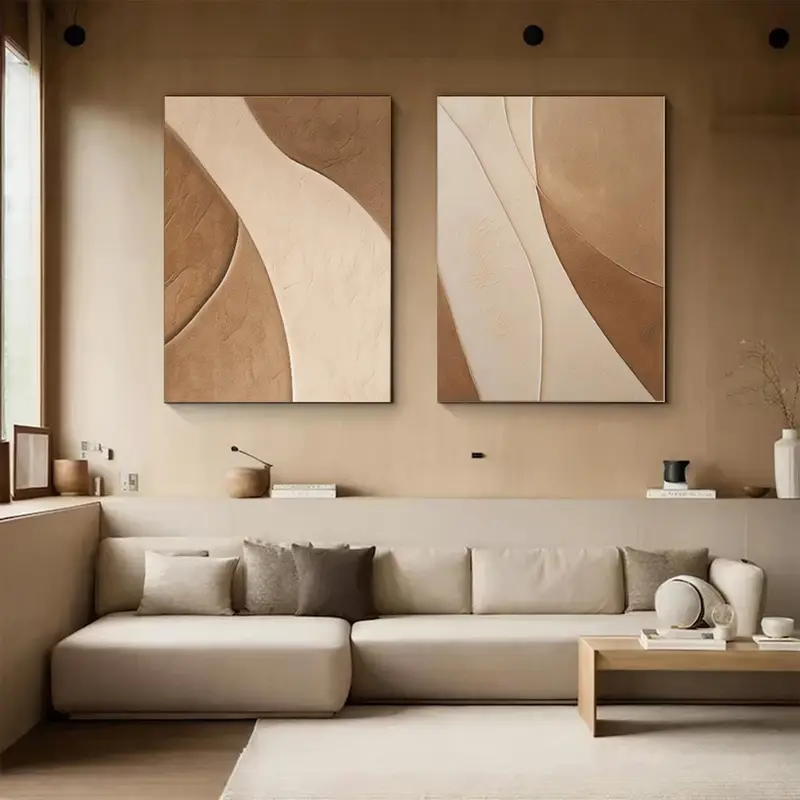 Set of 2 Wabi-Sabi Wall Art: Brown Beige Minimalist Canvas Paintings