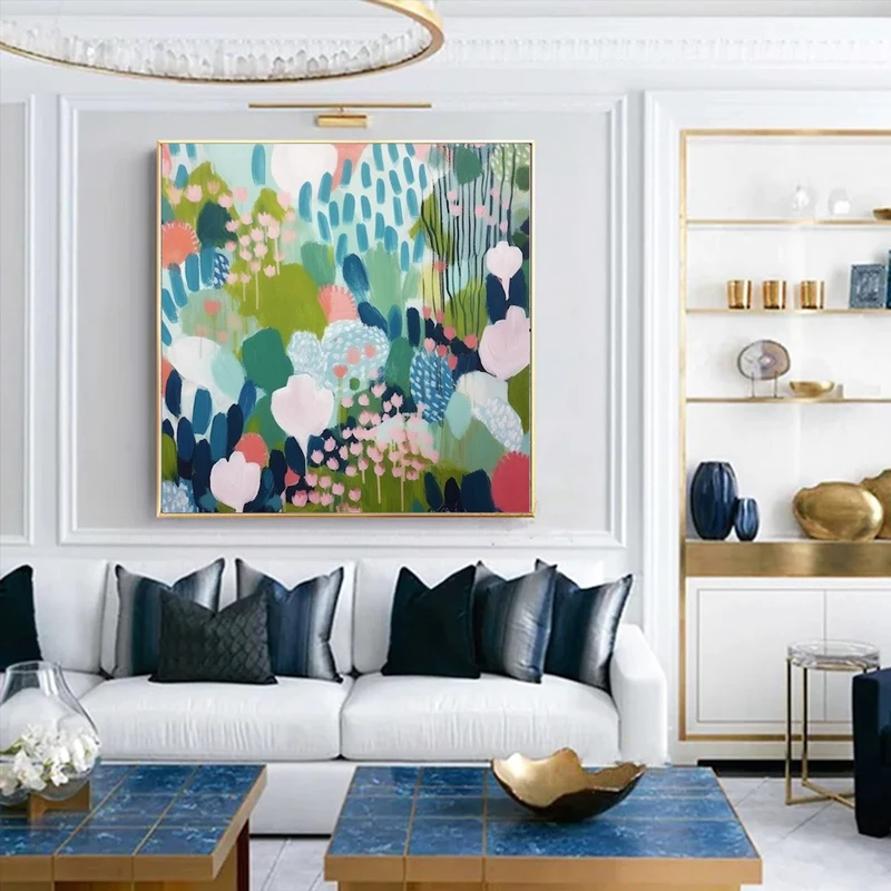 Abstract Blue Flower Oil Painting on Canvas - Natural Landscape Wall Art for Boho Living Room Decor  