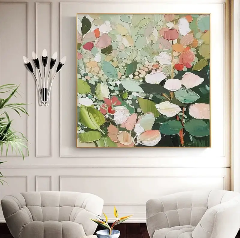 Original Green Flower Oil Painting on Canvas - Large Abstract Floral Wall Art for Boho Living Room Decor  