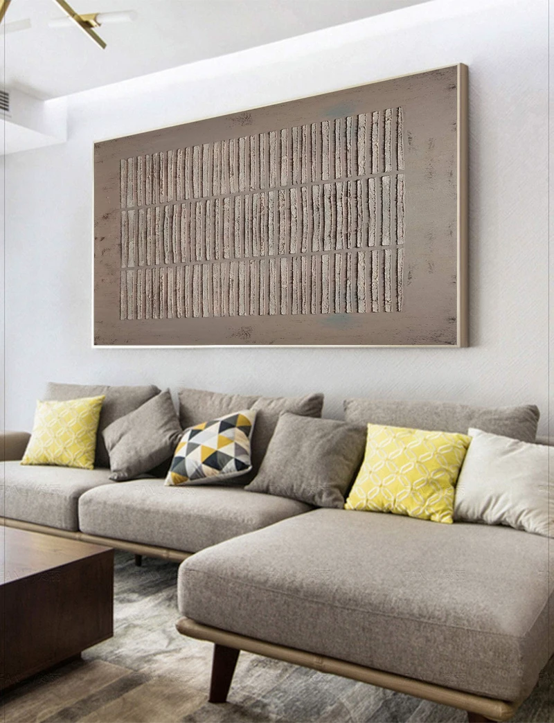 Brown Minimalist Artwork - Geometric Line and Texture on Canvas