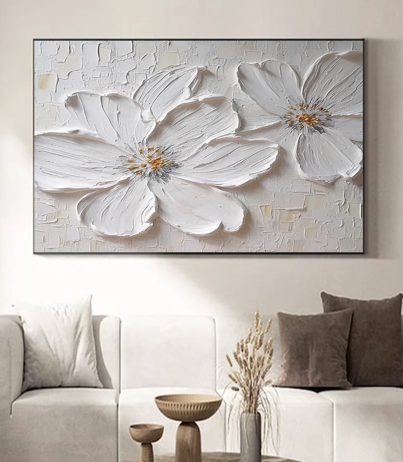 3D White Large Flower Texture Oil Painting on Canvas - Abstract Floral Wall Art for Home Decor  