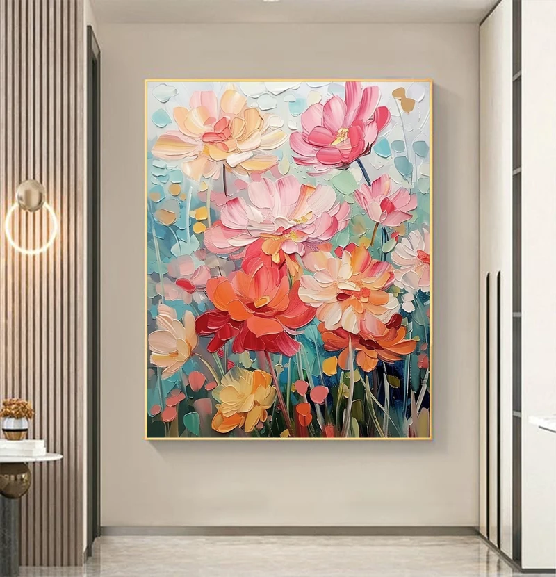 Original Spring Floral Oil Painting on Canvas - Pink Flower Wall Art for Boho Living Room Decor  