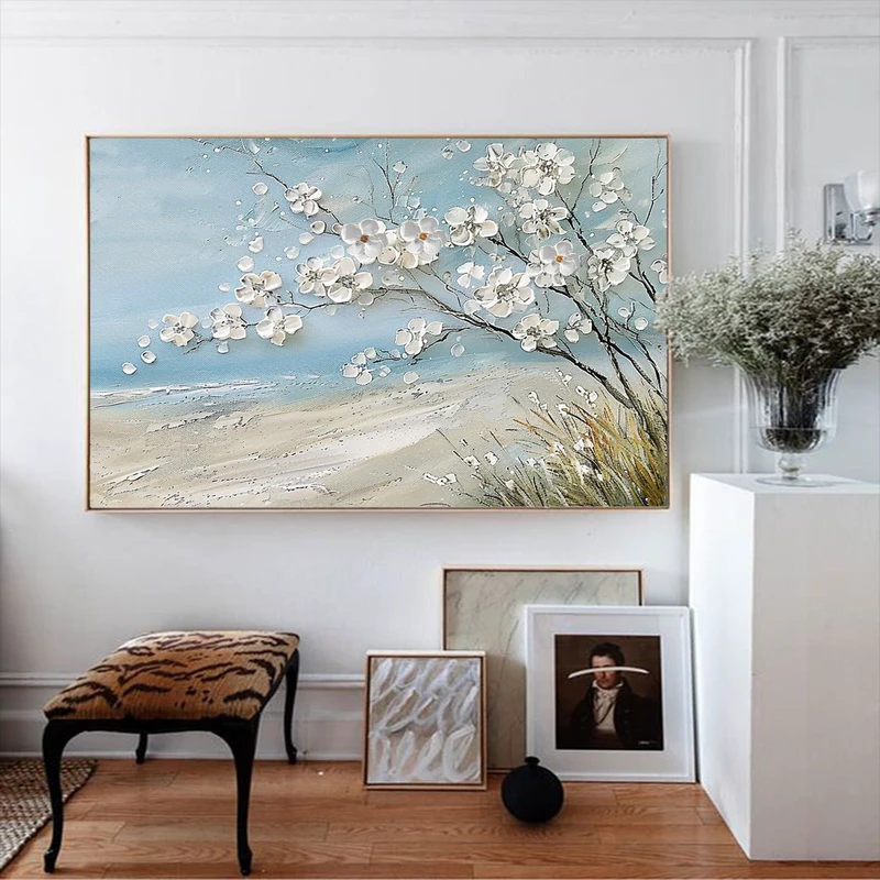 3D Flower Oil Painting on Canvas - Textured Blooming Floral Wall Art for Modern Living Room Decor
