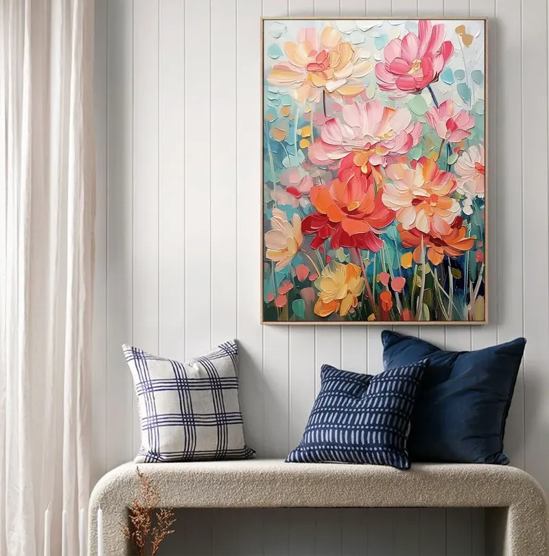 Original Spring Floral Oil Painting on Canvas - Pink Flower Wall Art for Boho Living Room Decor  