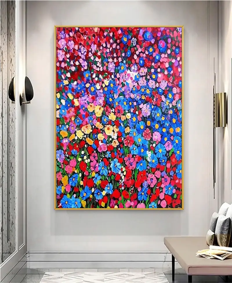 Original Abstract Floral Acrylic Painting - Vivid Colorful Flower Canvas Art for Modern Living Room Decor  