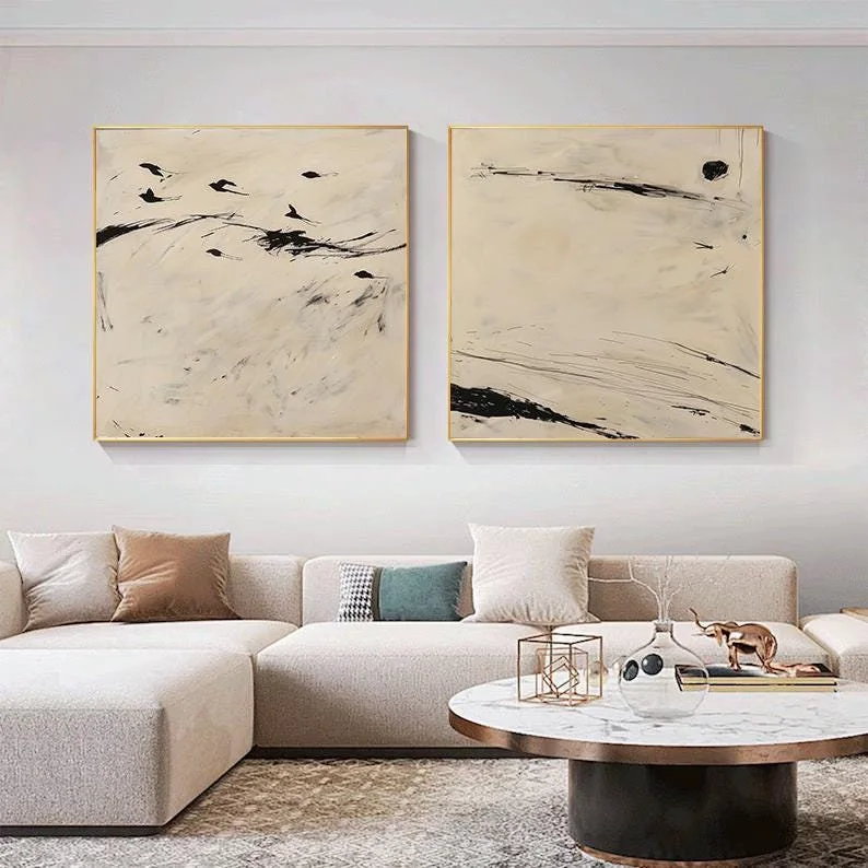Set of 2 Wabi-Sabi Wall Art - Black and Beige Landscape Canvas Art