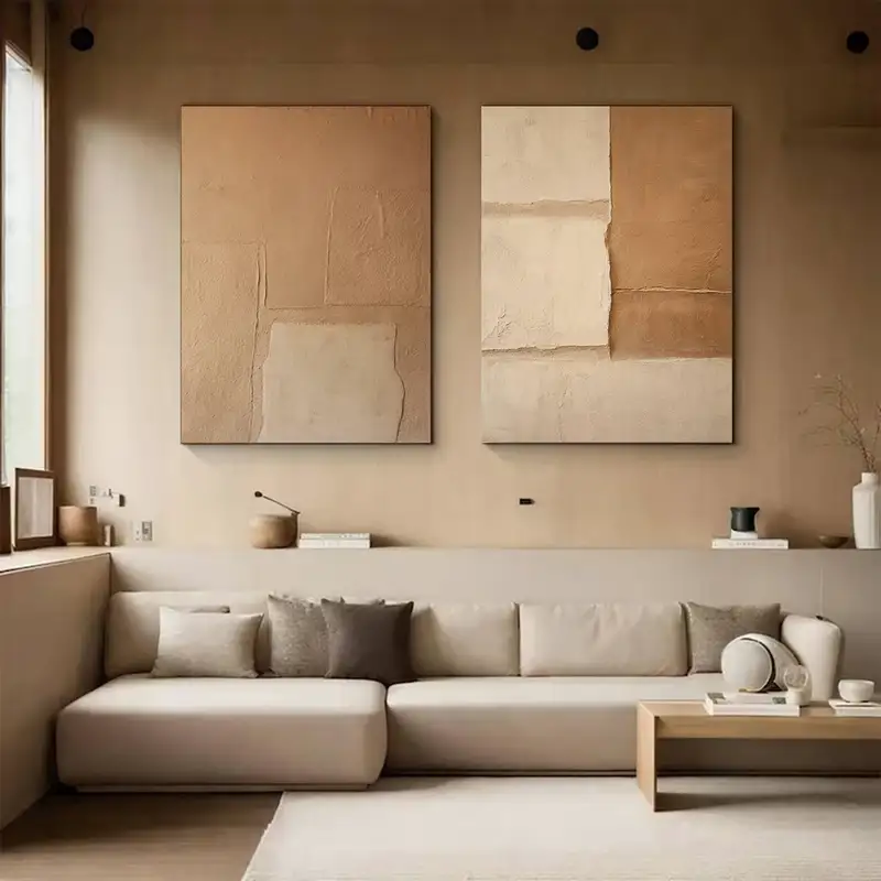 Wabi-Sabi Wall Art: Set of 2 Brown Beige Minimalist Paintings