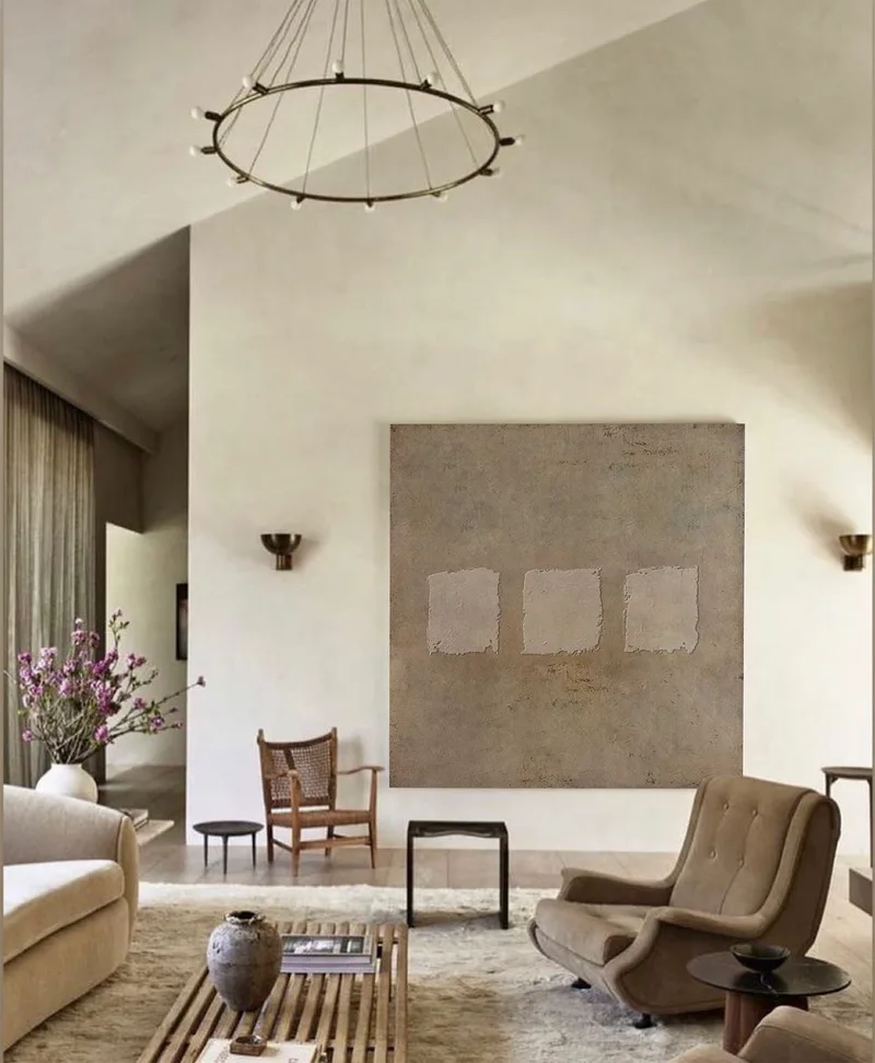 Brown Minimalist Painting: 3D Texture Wabi-Sabi Wall Art Canvas
