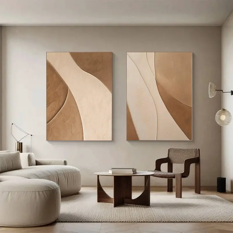 Set of 2 Wabi-Sabi Wall Art: Brown Beige Minimalist Canvas Paintings