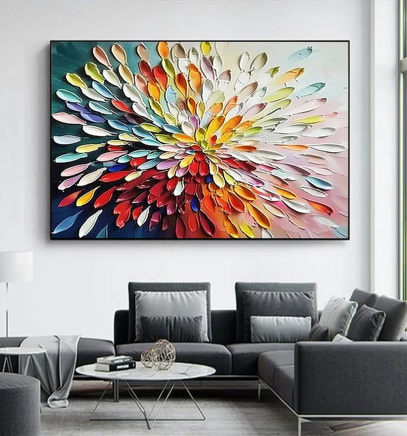 Large Flower Oil Painting on Canvas - Boho Blooming Floral Landscape Wall Art for Living Room Decor  