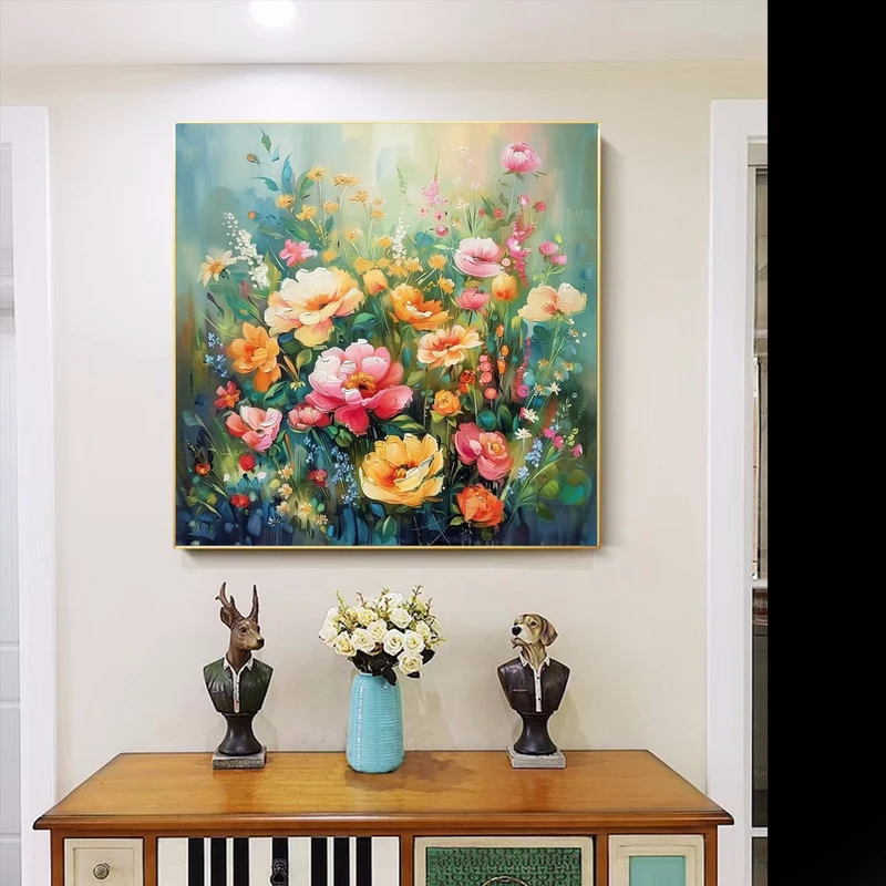 Original Spring Flower Oil Painting on Canvas - Colorful Floral Landscape Wall Art for Modern Living Room Decor  