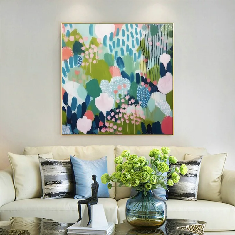 Abstract Blue Flower Oil Painting on Canvas - Natural Landscape Wall Art for Boho Living Room Decor  