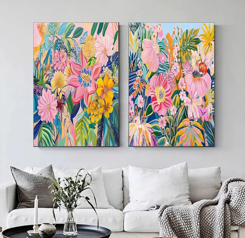 Tropical Botanical Acrylic Painting Set - Colorful Floral Artwork Duo for Nature-Inspired Living Room Decor  