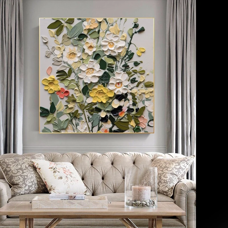 Abstract Blooming Flower Oil Painting on Canvas - 3D Textured Wall Art for Boho Bedroom Decor  