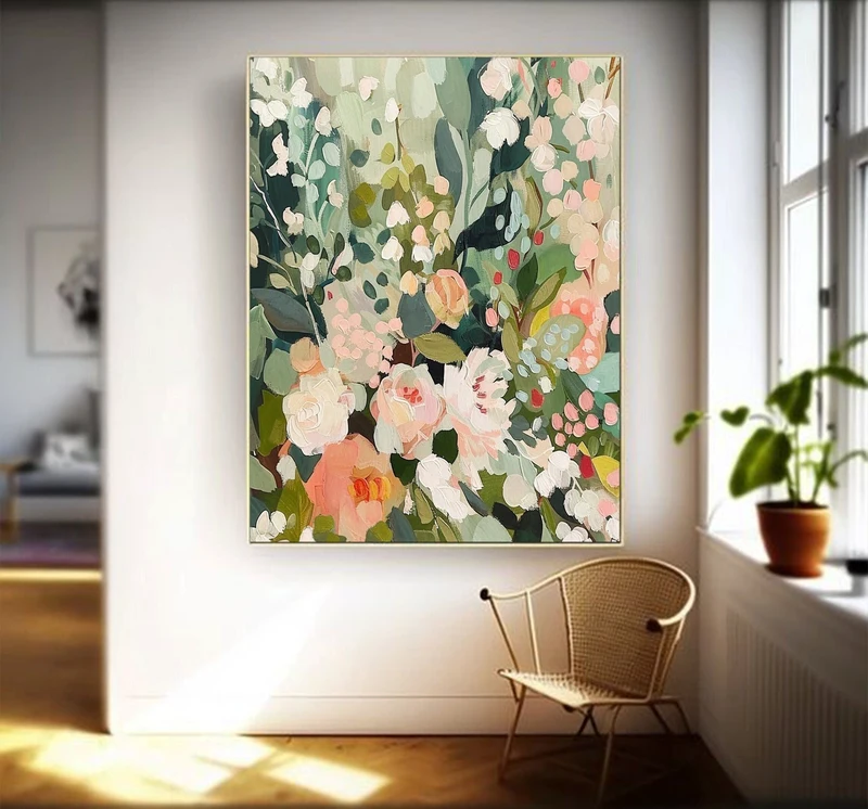 Original Green and Pink Floral Oil Painting on Canvas - Large Abstract Wall Art for Boho Living Room Decor  