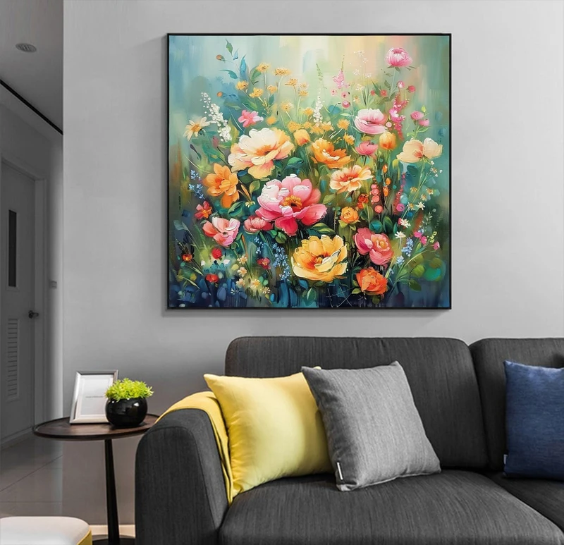 Original Spring Flower Oil Painting on Canvas - Colorful Floral Landscape Wall Art for Modern Living Room Decor  