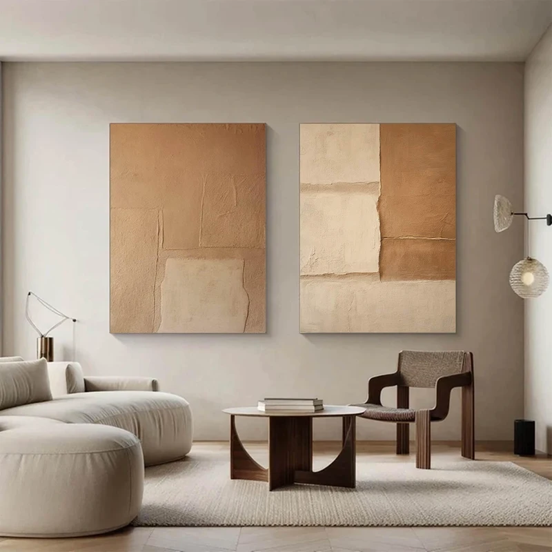 Wabi-Sabi Wall Art: Set of 2 Brown Beige Minimalist Paintings