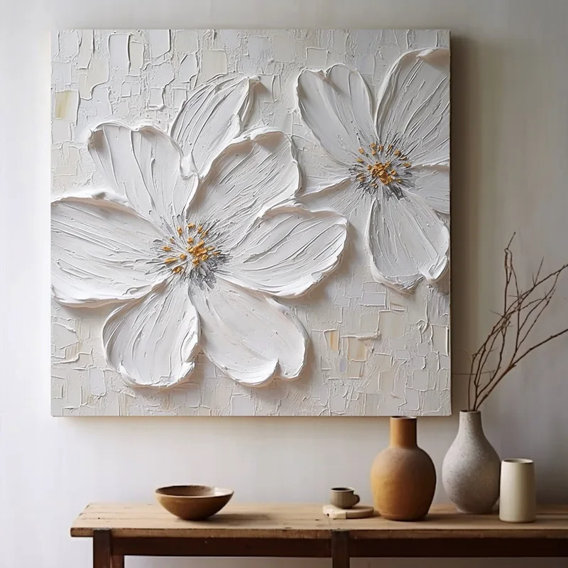 3D White Large Flower Texture Oil Painting on Canvas - Abstract Floral Wall Art for Home Decor  