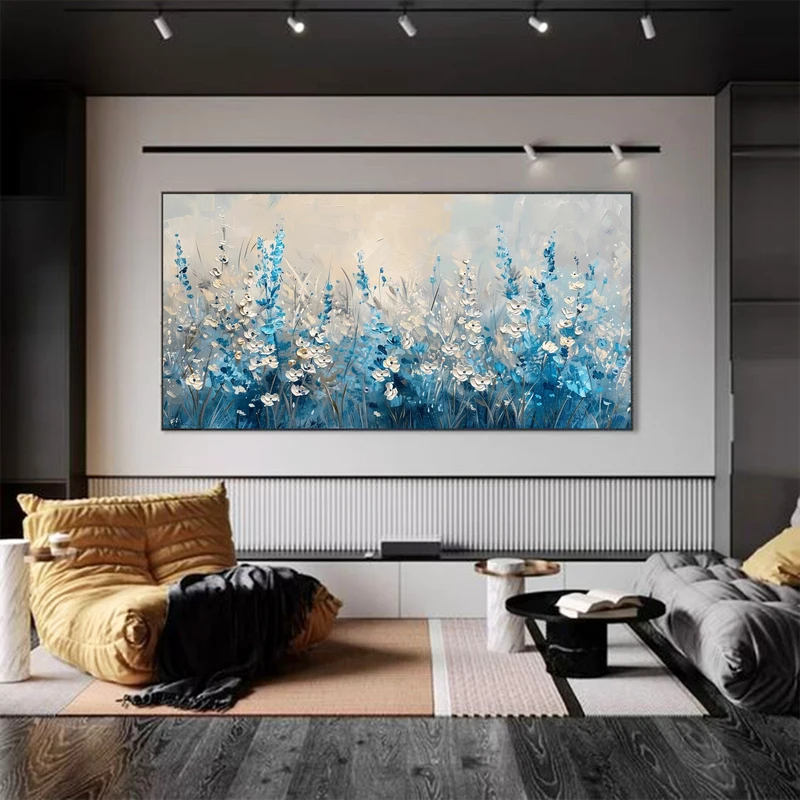 Original Blue Flower Oil Painting on Canvas - 3D Textured Blooming Floral Wall Art for Boho Living Room Decor  