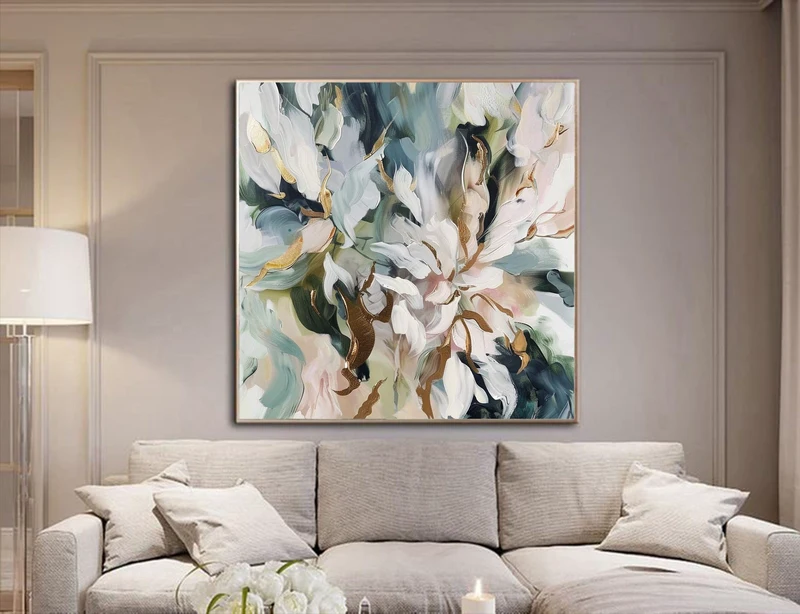 Large Original Flower Oil Painting on Canvas - Abstract Boho Floral Wall Art for Living Room Decor  