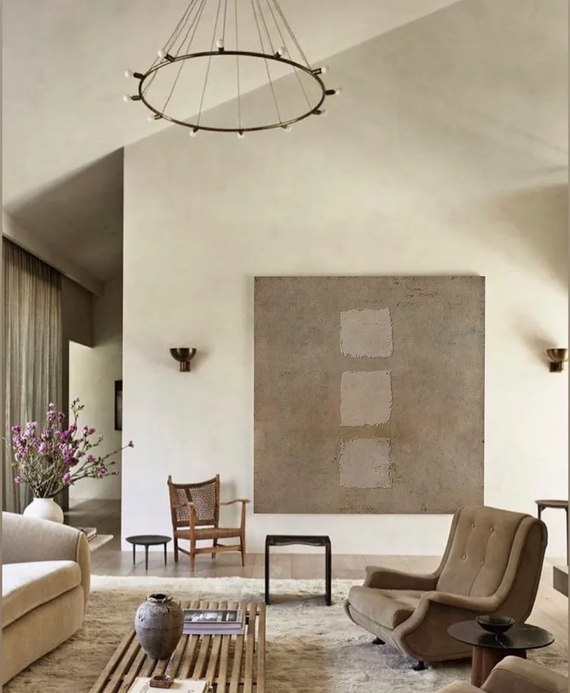 Brown Minimalist Painting: Square Wabi-Sabi Canvas Wall Art
