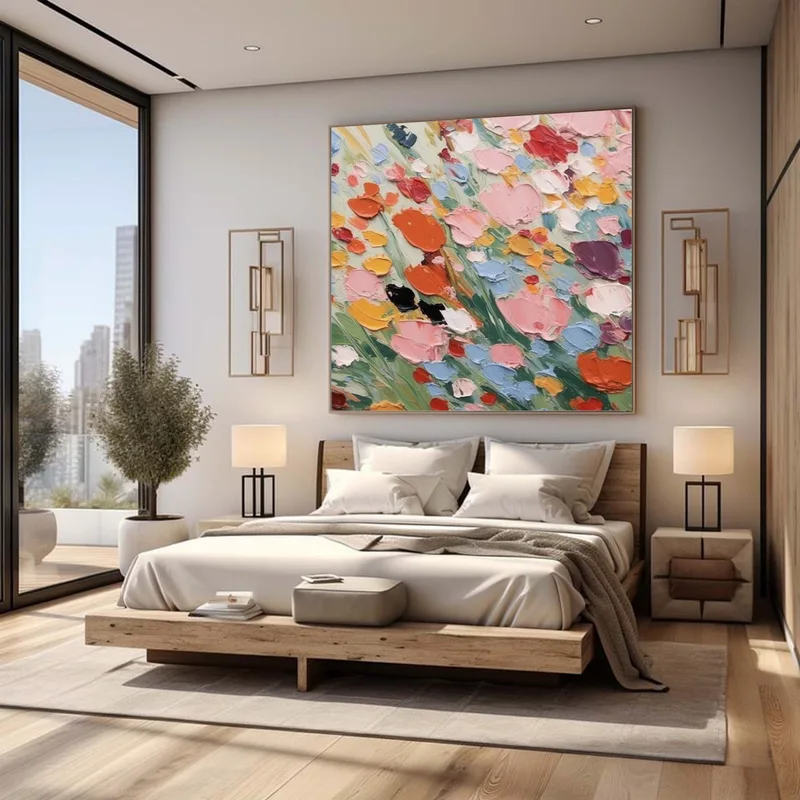 Abstract Pink Flower Oil Painting on Canvas - 3D Textured Wall Art for Minimalist Living Room Decor  