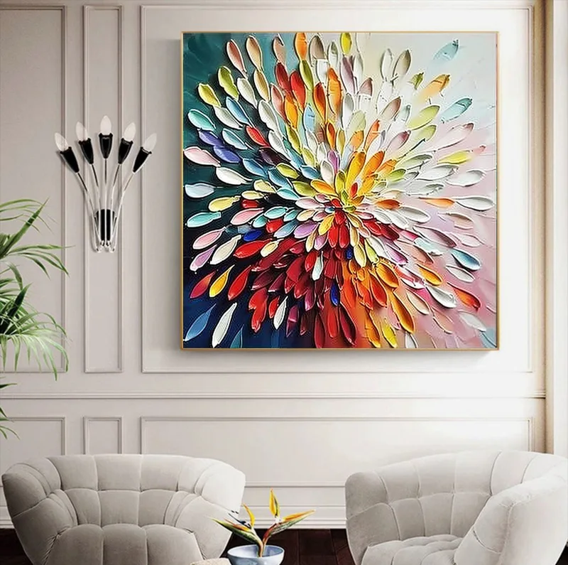 Large Flower Oil Painting on Canvas - Boho Blooming Floral Landscape Wall Art for Living Room Decor  
