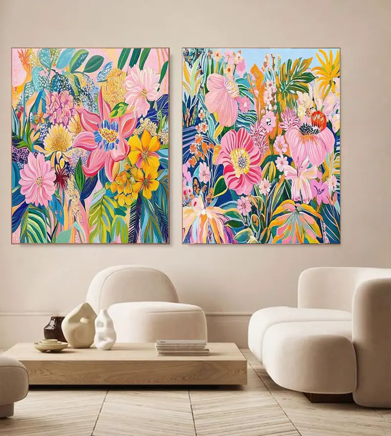 Tropical Botanical Acrylic Painting Set - Colorful Floral Artwork Duo for Nature-Inspired Living Room Decor  