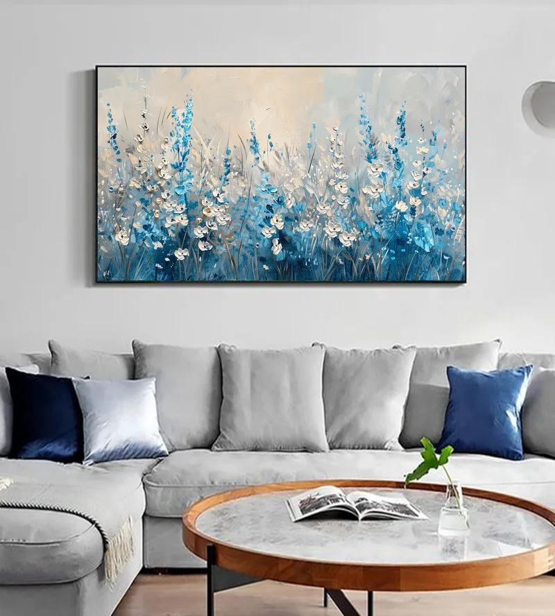 Original Blue Flower Oil Painting on Canvas - 3D Textured Blooming Floral Wall Art for Boho Living Room Decor  