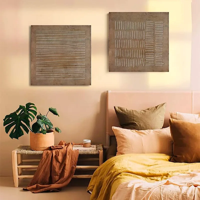 Brown Bohemian Artwork - Textured Canvas with Grey Taupe Decor