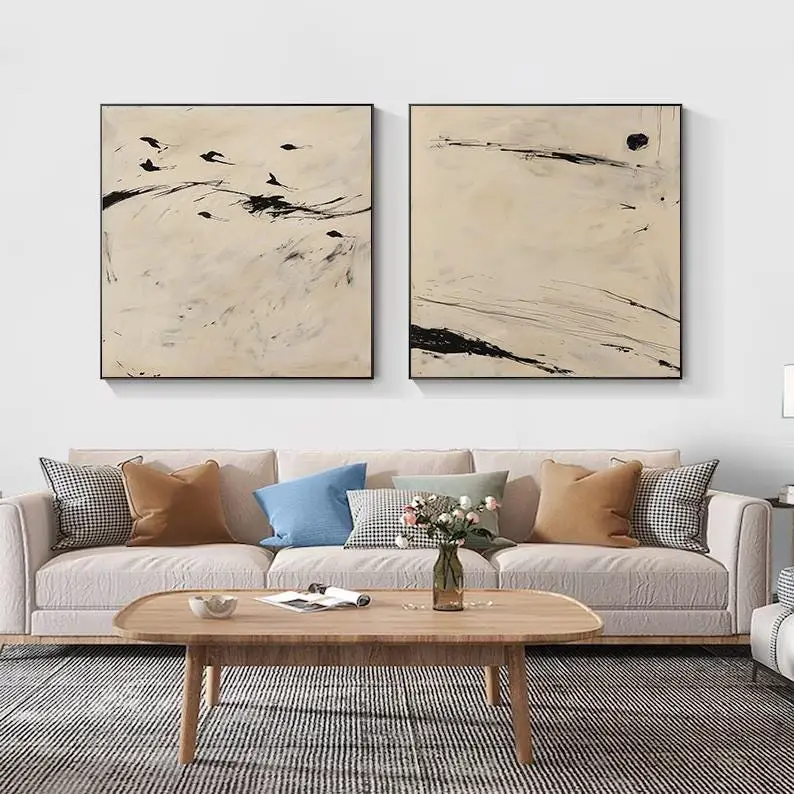 Set of 2 Wabi-Sabi Wall Art - Black and Beige Landscape Canvas Art