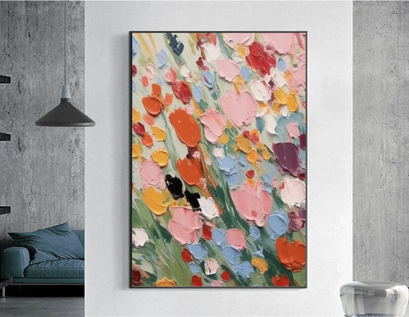 Abstract Pink Flower Oil Painting on Canvas - 3D Textured Wall Art for Minimalist Living Room Decor  