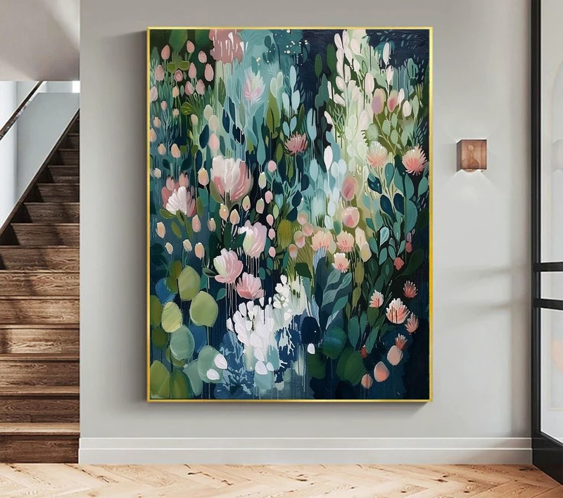 Original Green Floral Oil Painting on Canvas - 3D Textured Wall Art for Modern Living Room Decor  