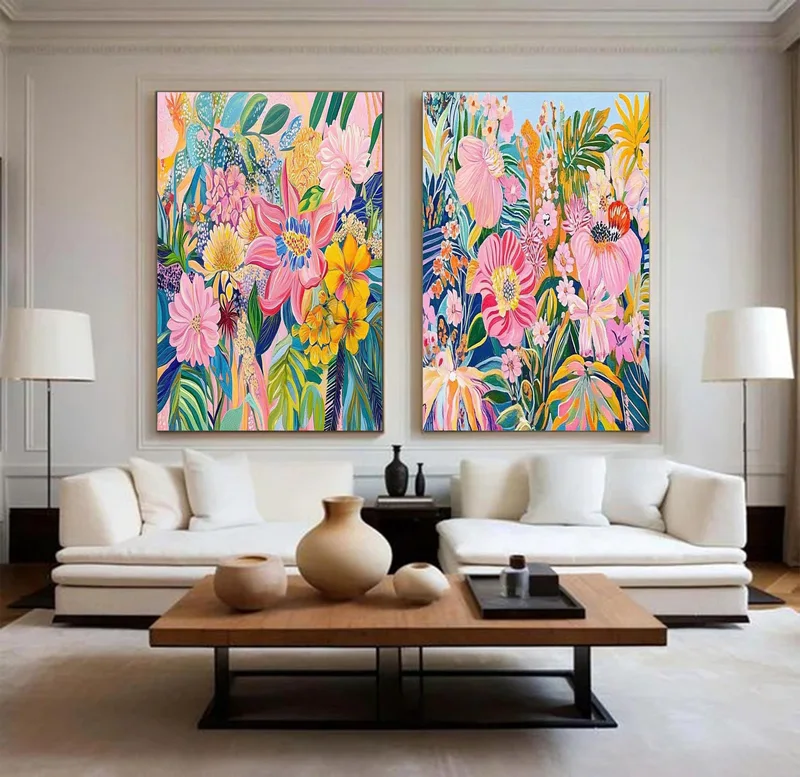 Tropical Botanical Acrylic Painting Set - Colorful Floral Artwork Duo for Nature-Inspired Living Room Decor  