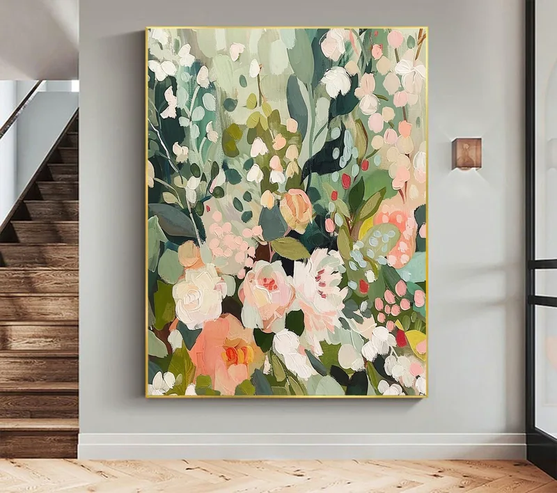 Original Green and Pink Floral Oil Painting on Canvas - Large Abstract Wall Art for Boho Living Room Decor  