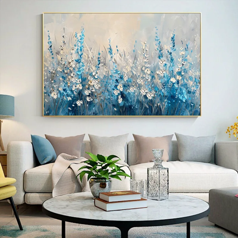 Original Blue Flower Oil Painting on Canvas - 3D Textured Blooming Floral Wall Art for Boho Living Room Decor  