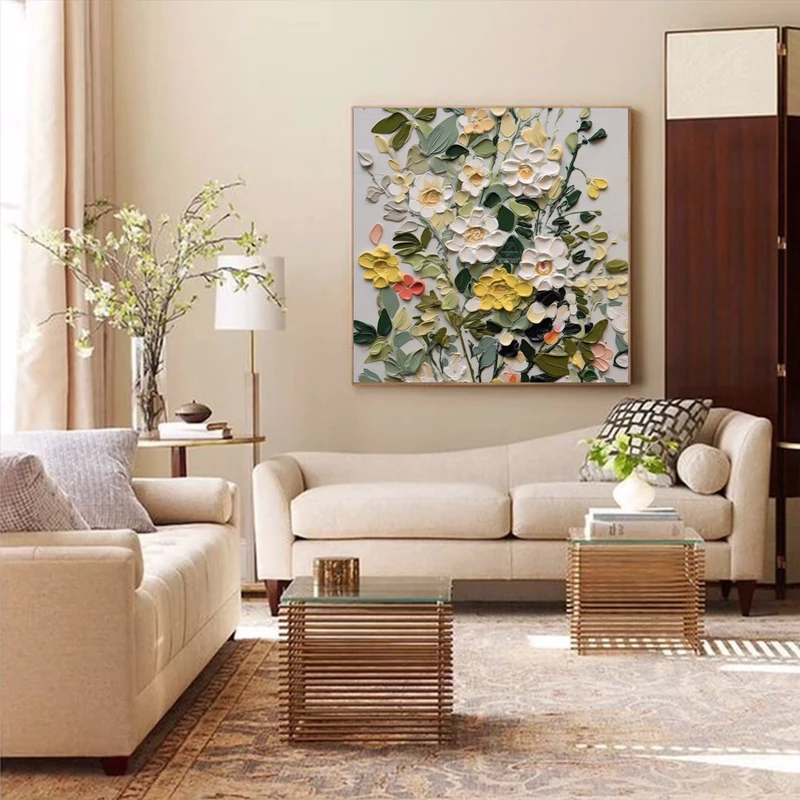 Abstract Blooming Flower Oil Painting on Canvas - 3D Textured Wall Art for Boho Bedroom Decor  