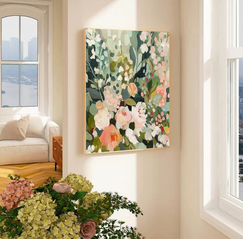 Original Green and Pink Floral Oil Painting on Canvas - Large Abstract Wall Art for Boho Living Room Decor  